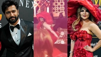 Vicky Kaushal tripped over Rakhi Sawant's outfit. Vicky Kaushal tripped over Rakhi Sawant's outfit.