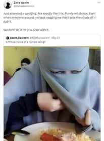Zaira Wasim reacted to a picture of a woman eating with her niqab on. Zaira Wasim reacted to a picture of a woman eating with her niqab on.