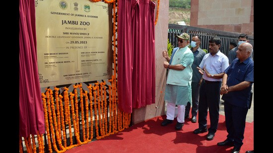 Jammu and Kashmir LG Manoj Sinha inaugurates Jambu Zoo, at Nagrota, in Jammu on Monday. (ANI)