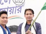 Congress MLA from Sagardighi assembly seat Bayron Biswas (right) joined the TMC at an event chaired by Abhishek Banerjee in West Midnapore district’s Ghatal area (Twitter/aitcRajabar) Congress MLA from Sagardighi assembly seat Bayron Biswas (right) joined the TMC at an event chaired by Abhishek Banerjee in West Midnapore district’s Ghatal area (Twitter/aitcRajabar)