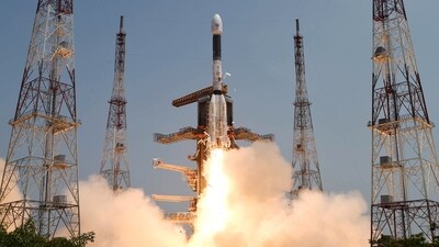 Indian Space Research Organisation (ISRO) launches its advanced navigation satellite SLV-F12 and NVS-01, in Sriharikota on Monday. (ANI)