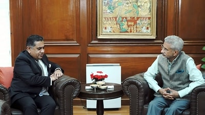 External Affairs Minister S Jaishankar meets UK MOS Lord (Tariq) Ahmad of Wimbledon, in New Delhi. (S Jaishankar Twitter ) External Affairs Minister S Jaishankar meets UK MOS Lord (Tariq) Ahmad of Wimbledon, in New Delhi. (S Jaishankar Twitter )