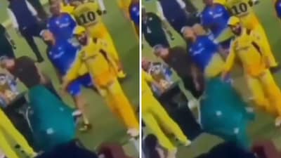 The image shows Rivaba Jadeja touching husband Ravindra Jadeja feet after CSK's IPL win. (Twitter/@Pratihar_07) The image shows Rivaba Jadeja touching husband Ravindra Jadeja feet after CSK's IPL win. (Twitter/@Pratihar_07)