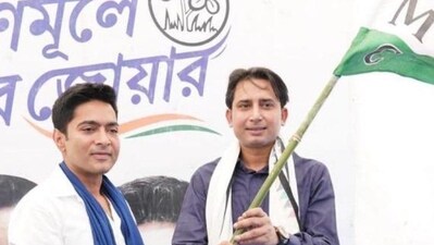 Congress MLA from Sagardighi assembly seat Bayron Biswas (right) joined the TMC at an event chaired by Abhishek Banerjee in West Midnapore district’s Ghatal area (Twitter/aitcRajabar) (HT_PRINT)