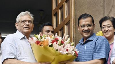 Delhi chief minister and AAP convener Arvind Kejriwal meets CPI (M) general secretary Sitaram Yechury at the CPI (M) office, in New Delhi on Tuesday. (Sanjeev Verma/HT) Delhi chief minister and AAP convener Arvind Kejriwal meets CPI (M) general secretary Sitaram Yechury at the CPI (M) office, in New Delhi on Tuesday. (Sanjeev Verma/HT)
