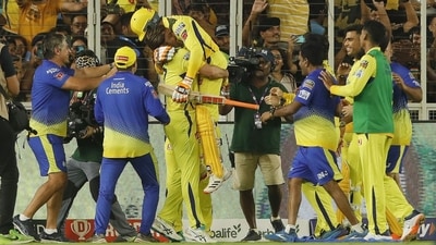 Ms Dhoni lifted Ravindra Jadeja after CSK won IPL 2023 final. (Twitter/@imjadeja)