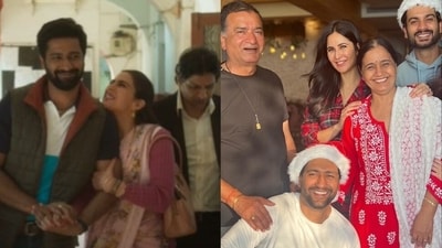 Vicky Kaushal and Sara Ali Khan in a still from Zara Hatke Zara Bachke (L) and Katrina Kaif with Vicky's family.