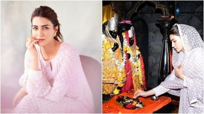 Kriti Sanon visits a temple to seek blessings for Adipurush new song, Ram Siya Ram. (Instagram) Kriti Sanon visits a temple to seek blessings for Adipurush new song, Ram Siya Ram. (Instagram)