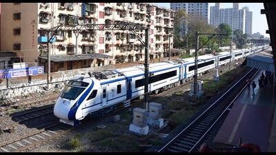 Mumbai, India - February 10, 2023: A view of the Vande Bharat Express train passing through Currey Road station, after Prime Minister Narendra Modi flagged off the two newly-introduced premium trains from CSMT to Solapur and Shirdi, at Currey Road, in Mumbai, India, on Friday, February 10, 2023. (Photo by Bhushan Koyande/HT Photo) (HT PHOTO) Mumbai, India - February 10, 2023: A view of the Vande Bharat Express train passing through Currey Road station, after Prime Minister Narendra Modi flagged off the two newly-introduced premium trains from CSMT to Solapur and Shirdi, at Currey Road, in Mumbai, India, on Friday, February 10, 2023. (Photo by Bhushan Koyande/HT Photo) (HT PHOTO)