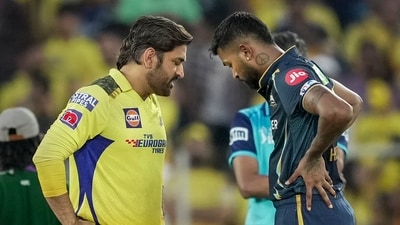 Chennai Super Kings captain Mahendra Singh Dhoni and Gujarat Titans captain Hardik Pandya at the toss (PTI) Chennai Super Kings captain Mahendra Singh Dhoni and Gujarat Titans captain Hardik Pandya at the toss (PTI)