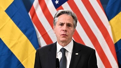 US Secretary of State Antony Blinken speaks during a joint press conference with Sweden's Prime Minister at the F 21 military airbase in Kallax Heden, Lulea, Sweden, on Tuesday. (AFP) US Secretary of State Antony Blinken speaks during a joint press conference with Sweden's Prime Minister at the F 21 military airbase in Kallax Heden, Lulea, Sweden, on Tuesday. (AFP)