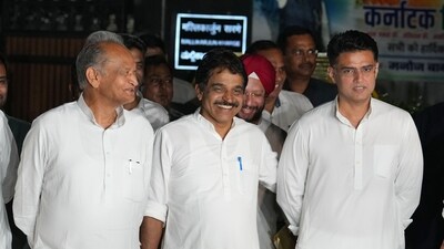 Congress leader K.C. Venugopal with party leaders Ashok Gehlot and Sachin Pilot after a meeting at party President Mallikarjun Kharge's residence, in New Delhi, Monday, May 29, 2023. (PTI) Congress leader K.C. Venugopal with party leaders Ashok Gehlot and Sachin Pilot after a meeting at party President Mallikarjun Kharge's residence, in New Delhi, Monday, May 29, 2023. (PTI)