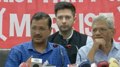 CPI (M) general secretary Sitaram Yechury with Delhi CM and AAP convener in a press conference on Tuesday (ANI) CPI (M) general secretary Sitaram Yechury with Delhi CM and AAP convener in a press conference on Tuesday (ANI)