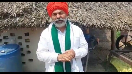 BKU leader Rakesh Tikait in Lakhimpur Kheri on Tuesday. (HT photo)