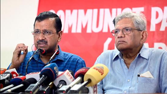 Delhi chief minister Arvind Kejriwal and CPI(M) general secretary Sitaram Yechury address a joint press conference over the murder of a 16-year-old girl in Shahbad Dairy in New Delhi on Tuesday. (ANI)