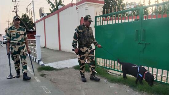 Security personnel in Imphal on Monday. (ANI)