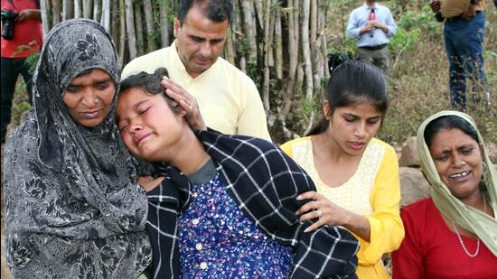 Wife of Deepu, who was shot dead by terrorists, in an inconsolable state, in Udhampur on Tuesday. (ANI)