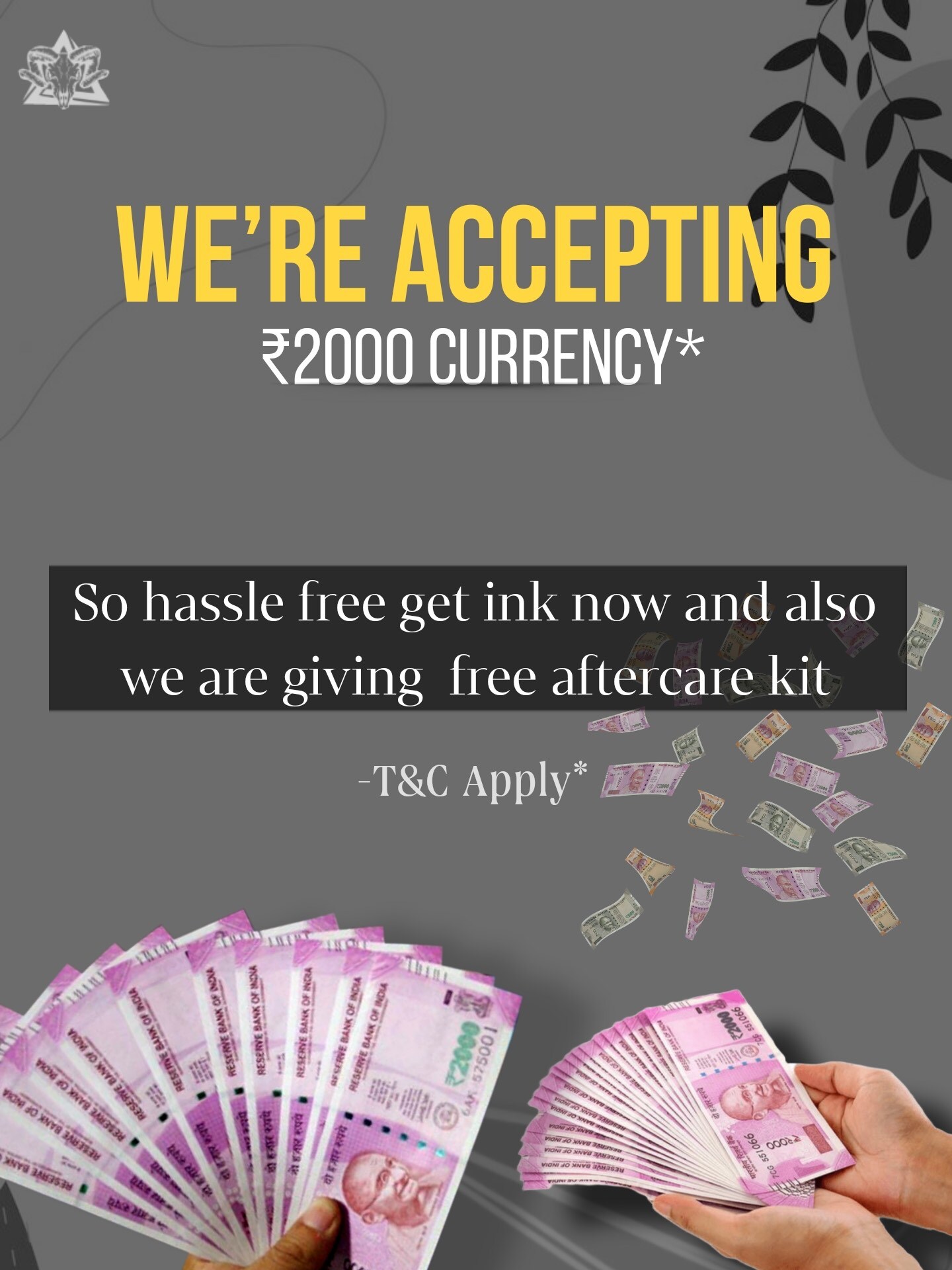 Aries Tattoo, a parlour in Noida’s Atta Market, has decided to offer after care kits worth ₹500 upon payments made using ₹2,000 notes. Aries Tattoo, a parlour in Noida’s Atta Market, has decided to offer after care kits worth ₹500 upon payments made using ₹2,000 notes.