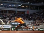 Gael Monfils plays a backhand return to Sebastian Baez Gael Monfils plays a backhand return to Sebastian Baez