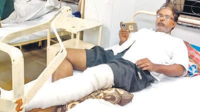 Commuter suffers leg fracture as paver block thrown at running train Commuter suffers leg fracture as paver block thrown at running train