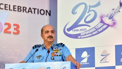 Air Chief Marshal V.R. Chaudhari addresses during the silver jubilee celebrations of Brahmos User Meet 2023, in New Delhi on Wednesday. (ANI) Air Chief Marshal V.R. Chaudhari addresses during the silver jubilee celebrations of Brahmos User Meet 2023, in New Delhi on Wednesday. (ANI)