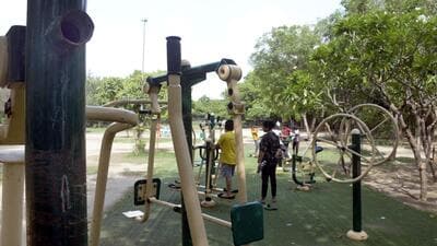 An open gym at Gyan Khand 4 Park in Indirapuram, Ghaziabad on Wednesday. (Sakib Ali/HT Photo) An open gym at Gyan Khand 4 Park in Indirapuram, Ghaziabad on Wednesday. (Sakib Ali/HT Photo)