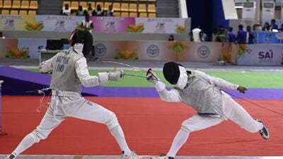 Fencers in action at Khelo India University Games, in Lucknow. (Deepak Gupta/HT) Fencers in action at Khelo India University Games, in Lucknow. (Deepak Gupta/HT)