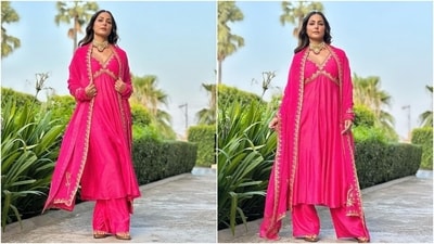 Hina posted the pictures with the caption, "Inauguration in Varanasi, so much to share...shall post a reel soon...from enjoying bhel on Ganga ghats to relishing katori chat in the local markets...loved it all...sharing soon." Hina's rani pink suit in the images is from the shelves of the label Paulmi And Harsh. (Instagram) Hina posted the pictures with the caption, "Inauguration in Varanasi, so much to share...shall post a reel soon...from enjoying bhel on Ganga ghats to relishing katori chat in the local markets...loved it all...sharing soon." Hina's rani pink suit in the images is from the shelves of the label Paulmi And Harsh. (Instagram)