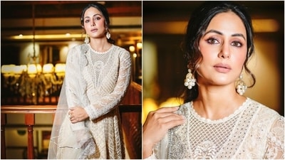 Lastly, Hina completed the ensemble with a net dupatta featuring Chikankari embroidered scalloped borders and sequin work. For the accessories, she chose juttis, statement rings, and pearl-adorned jhumkis. (Instagram) Lastly, Hina completed the ensemble with a net dupatta featuring Chikankari embroidered scalloped borders and sequin work. For the accessories, she chose juttis, statement rings, and pearl-adorned jhumkis. (Instagram)