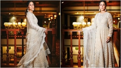 Earlier, Hina had attended the G20 Tourism Working Group Meeting in Srinagar dressed in an ivory anarkali suit set from the shelves of the label Jade by Monica and Karishma. The traditional look features an anarkali kurta, churidar pants, and a net dupatta. (Instagram) Earlier, Hina had attended the G20 Tourism Working Group Meeting in Srinagar dressed in an ivory anarkali suit set from the shelves of the label Jade by Monica and Karishma. The traditional look features an anarkali kurta, churidar pants, and a net dupatta. (Instagram)