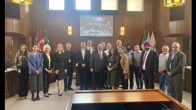 Members of the Vancouver City Council, including Mayor Ken Sim (fourth from right) after unanimously passing a motion to give the honorary name of Komagata Maru Place to a prominent location in the city. Also seen is Raj Singh Toor (third from right) of the Descendants of the Komagata Maru Society. (Descendants of the Komagata Maru Society) Members of the Vancouver City Council, including Mayor Ken Sim (fourth from right) after unanimously passing a motion to give the honorary name of Komagata Maru Place to a prominent location in the city. Also seen is Raj Singh Toor (third from right) of the Descendants of the Komagata Maru Society. (Descendants of the Komagata Maru Society)