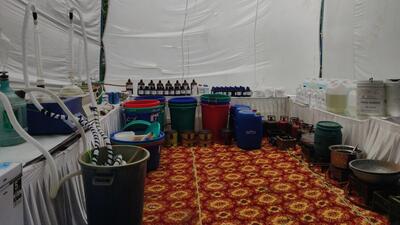 Meth making apparatus and raw materials seized by the police during the raid conducted at the two-storey house in Omega-1, Greater Noida on Tuesday. (Gautam Budh Nagar Police) Meth making apparatus and raw materials seized by the police during the raid conducted at the two-storey house in Omega-1, Greater Noida on Tuesday. (Gautam Budh Nagar Police)