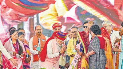 Prime Minister Narendra Modi during a public meeting in Rajasthan’s Ajmer on Wednesday. (PTI) Prime Minister Narendra Modi during a public meeting in Rajasthan’s Ajmer on Wednesday. (PTI)