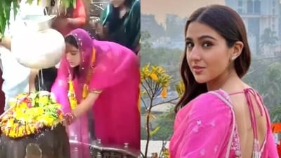 Sara Ali Khan at Mahakaleshwar Temple (left) in Madhya Pradesh.