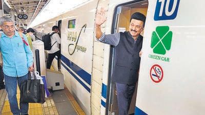 Tamil Nadu chief minister MK Stalin riding a bullet train in Osaka, Japan. (PTI)