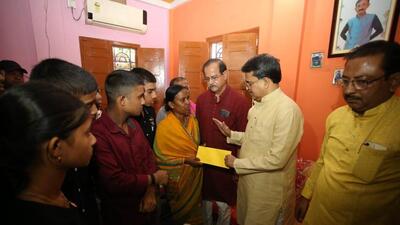 Tripura chief minister Mani Saha visited the residence of BJP activist Tapan Bhowmik, a victim of alleged political violence, at Gorkhabasti in Agartala, on Wednesday. (Twitter/DrManikSaha2)