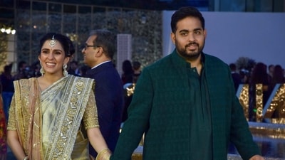 Businessman Mukesh Ambani's son Akash Ambani and his wife Shloka Ambani at the launch of 'Nita Mukesh Ambani Cultural Centre' (NMACC), at Jio World Centre, in Mumbai on Friday. (ANI file photo) Businessman Mukesh Ambani's son Akash Ambani and his wife Shloka Ambani at the launch of 'Nita Mukesh Ambani Cultural Centre' (NMACC), at Jio World Centre, in Mumbai on Friday. (ANI file photo)
