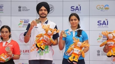 Sarabjot Singh and Manu Bhaker with pistol mixed team gold at Khelo India University Games at Karni Singh Range on Wednesday. Sarabjot Singh and Manu Bhaker with pistol mixed team gold at Khelo India University Games at Karni Singh Range on Wednesday.