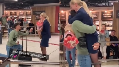 Man proposes to girlfriend at Dublin airport. (Instagram/@goodnews_movement) Man proposes to girlfriend at Dublin airport. (Instagram/@goodnews_movement)