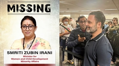 Congress attacked Smriti Irani with a 'missing' poster. The minister responded with a swipe at Rahul Gandhi. Congress attacked Smriti Irani with a 'missing' poster. The minister responded with a swipe at Rahul Gandhi.