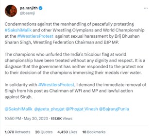 Pa Ranjith demanded the immediate removal of Wrestling Federation of India (WFI) head Brij Bhushan Sharan Singh. Pa Ranjith demanded the immediate removal of Wrestling Federation of India (WFI) head Brij Bhushan Sharan Singh.