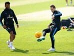 Sussex's Steve Smith during warm up with Cheteshwar Pujara before the match