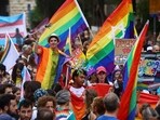 People take part in an annual LGBTQ Pride parade in Jerusalem, Friday.