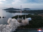 Chollima-1 rocket carrying the Malligyong-1 satellite at the Sohae Satellite Launching Ground Wednesday. 