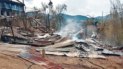 A house damaged during violent clashes in Sugnu area of Kakching district. (PTI) A house damaged during violent clashes in Sugnu area of Kakching district. (PTI)