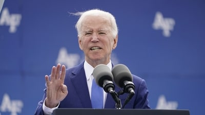 President Joe Biden speaks during the 2023 United States Air Force Academy Graduation Ceremony at Falcon Stadium, Thursday. (AP) President Joe Biden speaks during the 2023 United States Air Force Academy Graduation Ceremony at Falcon Stadium, Thursday. (AP)