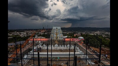 Dark clouds hover above the newly-built Tirupati Balaji temple ahead of its inauguration, in Jammu on Thursday. (PTI) Dark clouds hover above the newly-built Tirupati Balaji temple ahead of its inauguration, in Jammu on Thursday. (PTI)