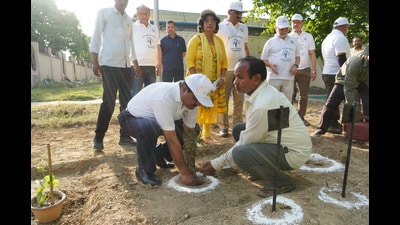 IIIT-A director Prof Mukul Sharad Sutaone planting a sapling at the institute campus on Thursday. (HT PHOTO) IIIT-A director Prof Mukul Sharad Sutaone planting a sapling at the institute campus on Thursday. (HT PHOTO)