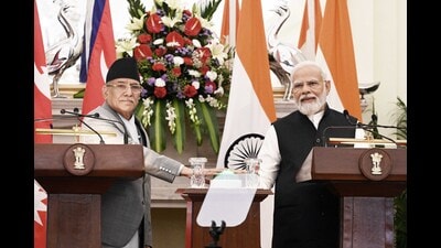New Delhi, India - June 1, 2023: Prime Minister Narendra Modi and Prime Minister of Nepal Pushpa Kamal Dahal 'Prachanda during their joint press statement after a meeting at the Hyderabad House, in New Delhi, India, on Thursday, June 1, 2023. (Photo by Sanjeev Verma/ Hindustan Times) (Hindustan Times)