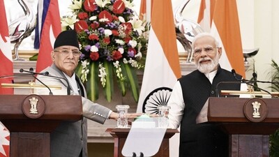 Prime Minister Narendra Modi and Prime Minister of Nepal Pushpa Kamal Dahal 'Prachanda during their joint press statement after a meeting at the Hyderabad House, in New Delhi, India, on Thursday, June 1, 2023. (Photo by Sanjeev Verma/ Hindustan Times) (HT_PRINT) Prime Minister Narendra Modi and Prime Minister of Nepal Pushpa Kamal Dahal 'Prachanda during their joint press statement after a meeting at the Hyderabad House, in New Delhi, India, on Thursday, June 1, 2023. (Photo by Sanjeev Verma/ Hindustan Times) (HT_PRINT)